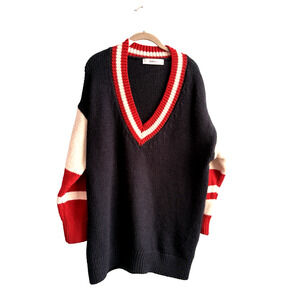 Zara Womens Sweater Navy Red White Stripes Tennis Preppy Oversized Chunky Knit M